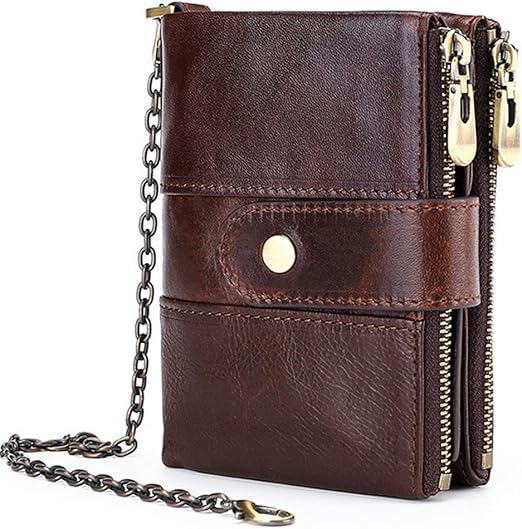 HUANLANG Mens Wallet Chain Leather Wallet Coin Pocket Men's Zipper
