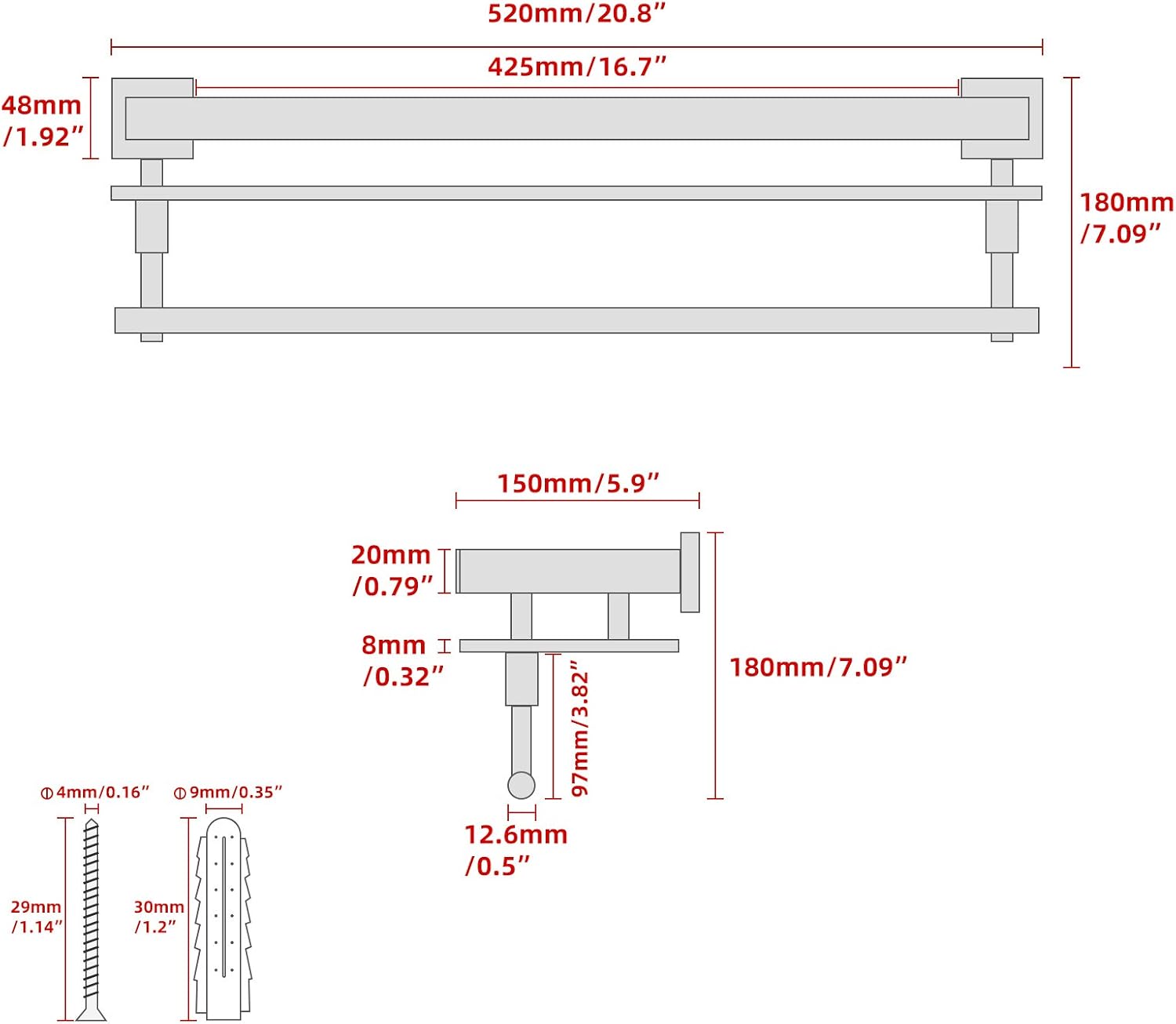 Bathroom Glass Shelf with Towel bar 20.8"x 5.9" Tempered Glass Shelf SUS 304 Stainless Steel Wall Mount (Brushed Nickel): Kitchen & Dining