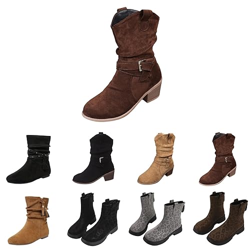 flat ankle boots for women uk Ankle Boots for Women European Chunky Heel Pull On Fashion Boot Comfortable Non Slip Heel Booties Round Toe Patchwork Buckle Boot ladies brown Booties
