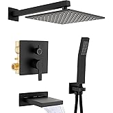 Shower System with Tub Spout, All Metal Black Bathtub Shower Faucet Set with High Pressure 10 Inch Rain Shower Head and Handheld Shower Head Set, Matte Black (Valve Include)