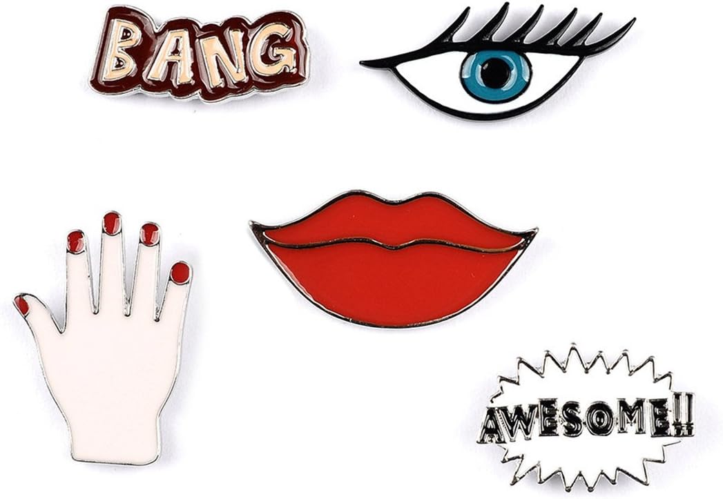 5 Pack Lips Kiss Luck Hand Evil Eyes BANG AWESOME Enamel Lapel Pin Set