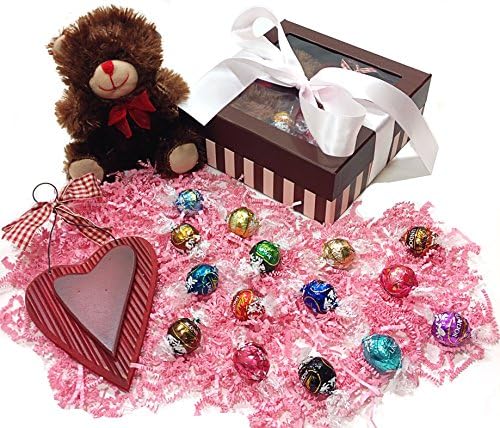 Easter or Mothers Day Gift Box - Lindt Lindor Truffles Chocolate Candy, Teddy Bear Stuffed Animal & Wooden Heart Holiday Decoration