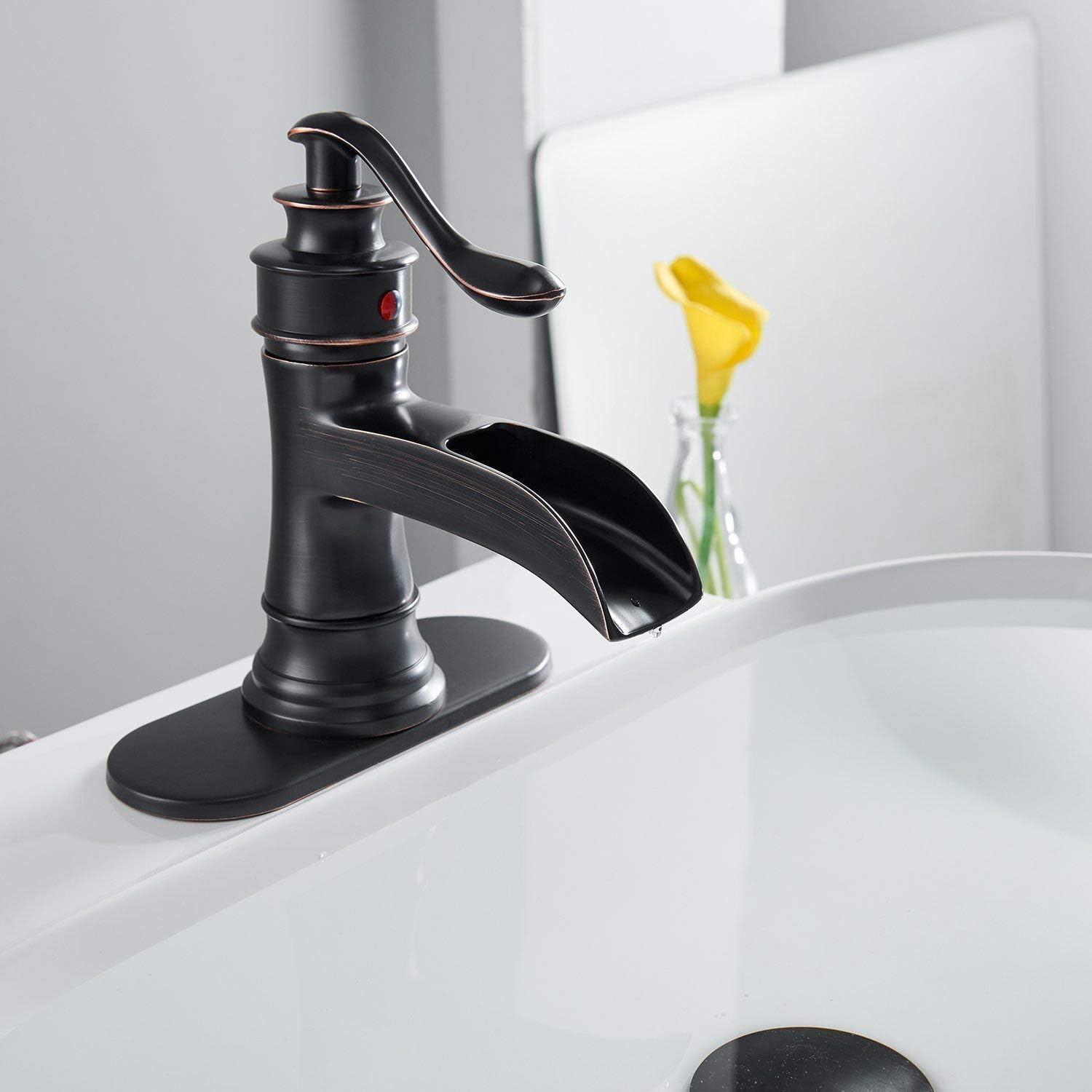 Waterfall Bathroom Faucet Oil Rubbed Bronze Sink with Pop Up Drain Stopper Faucets Single Hole Rustic Vanity Farmhouse Overflow One Handle Bath Black Commercial Assembly Lead-Free by Homevacious - - 