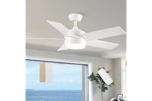 POCHFAN 44 inch White Ceiling Fan with Lights and Remote Control, Dimmable Ceiling Fans with Lights,3-Color, Quiet Reversible Motor, Wood Modern Ceiling Fan for Bedroom, Living Room, Dining Room
