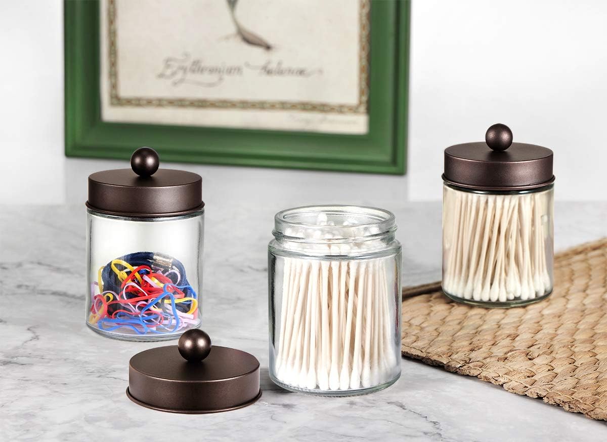 Apothecary Jars Bathroom Storage Organizer - Cute Qtip Dispenser Holder Vanity Canister Jar Glass with Lid for Cotton Swabs,Rounds,Bath Salts,Makeup Sponges,Hair Accessories/Bronze (2 Pack): Home & Kitchen
