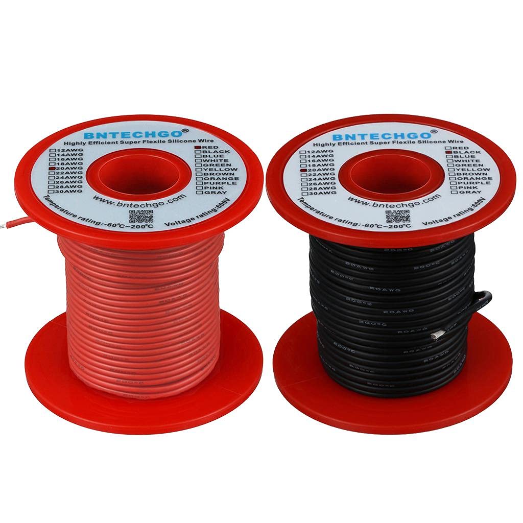BNTECHGO 20 Gauge Silicone Wire Spool 100ft Ultra Flexible High Temp 200 Deg C 600V 20 AWG Silicone Wire 100 Strands Of Tinned Copper Wire 50ft Black and 50ft Red 2 Separate Wires Stranded Wire For Model
