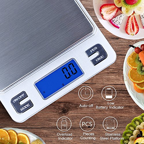 Dapai Mini Digital Kitchen Scale, Multifunction Food Scale, 0.1g-3kg, Tare & PCS Functions, Back-Lit LCD Display, Stainless Steel, Batteries Included (Silver)