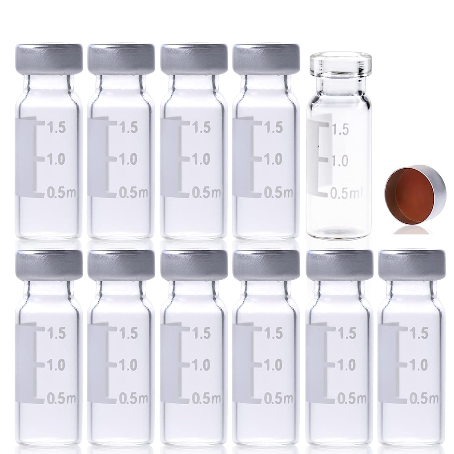 2 mL Glass Flat Base Vial, 11mm Wide Opening Crimp Top Vial, Crimp Cap with Transparent PTEF/Natural Rubber red-orange Septa,100 Pcs/PK