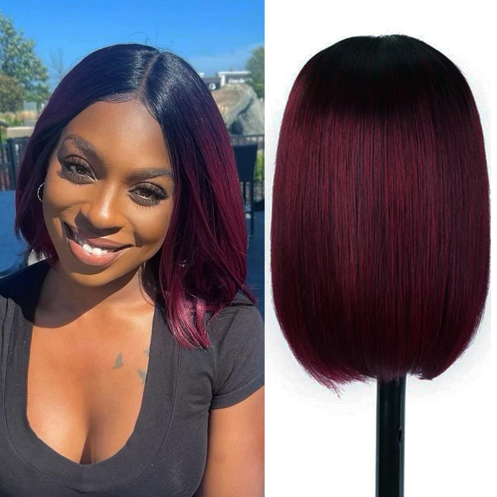 DÉBUT Ombre Red Straight Bob Wigs Human Hair T Part Lace Front Bob Wig Pre Plucked with Baby Hair 150% Density Brazilian Virgin Hair for Women(10 Inches, Ombre Red)