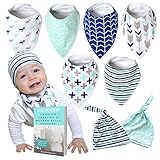 Baby Bandana Drool Bibs for Boys and Girls with Matching Beanie Hats, Unisex 8-Pack, Baby Bibdanas for Drooling and Teething, 100% Cotton, Soft, Absorbent, Baby Shower Gift for Newborns, Bonus EBook