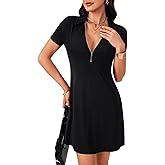 LYANER Women's V Neck Short Sleeve Dresses Zipper Front Ruffle Hem A Line Flare Mini Basic Dress
