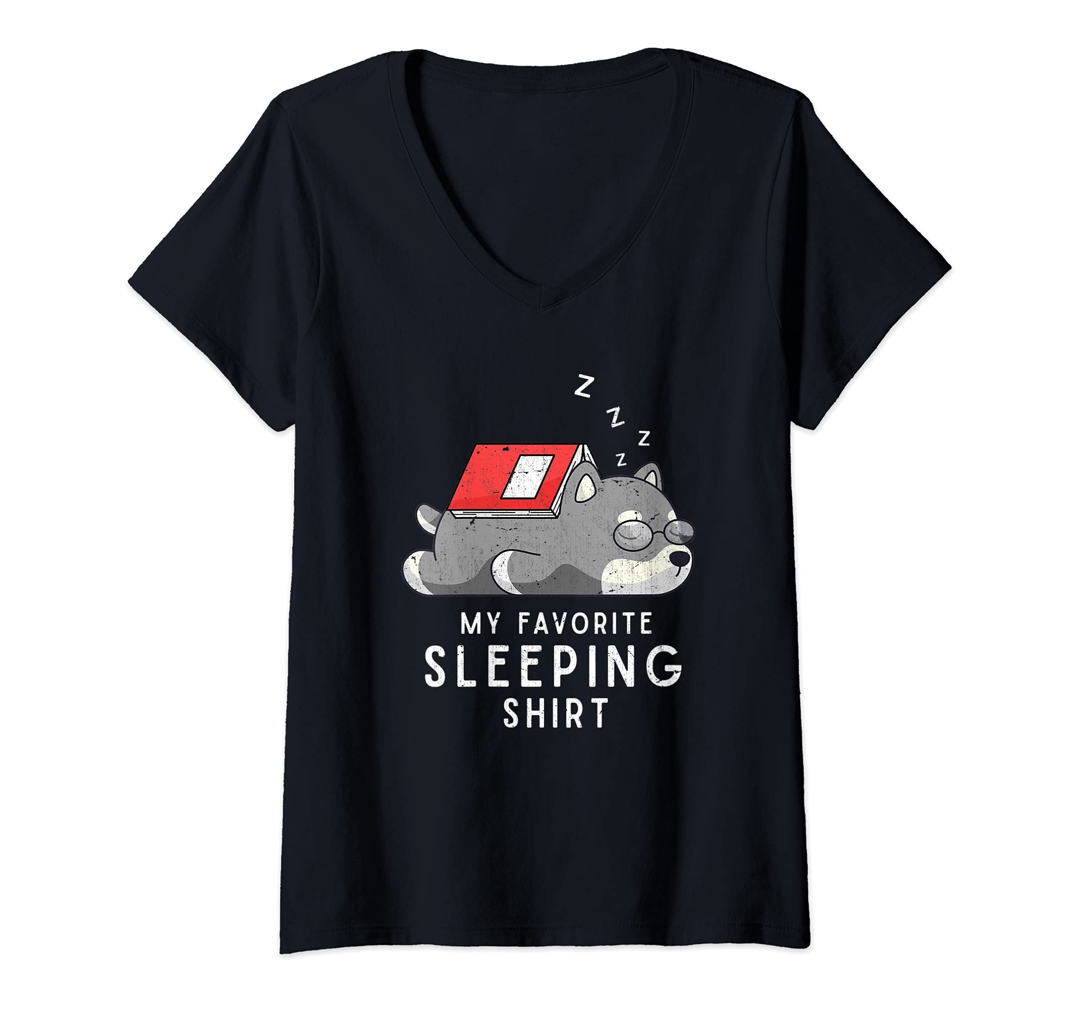 Womens Pet Late Riser Sleepy Cute Animal Late Nighter Sleeping Dog V-Neck T-Shirt