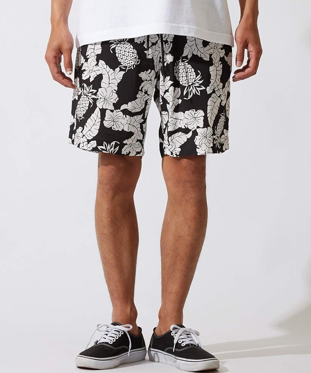 Amazon 花柄 ショートパンツ メンズ 膝上 ハーフパンツ ショーツ 短パン ボタニカル柄 パイナップル柄 レーヨン ブラック 黒 韓国ファッション ショートパンツ 通販