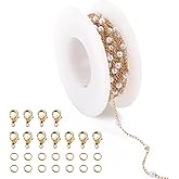 Pandahall 14K Gold Plated Stainless Steel Chains 16.4 Feet Pearl Beaded Necklace Chains for Jewelry Making & Golden Lobster Claw Clasps Open Jump Ring for Men Women DIY Jewelry Making Bracelet