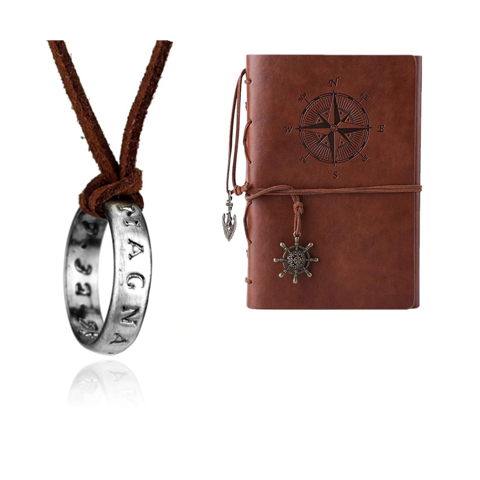 XHBTS Uncharted 4 Drake 20 Stickers and Engraved Ring Pendant Necklace,Brown Leather Chain and Travel Journal Writing Notebook, Vintage PU Leather Note Book, A7(Brown)