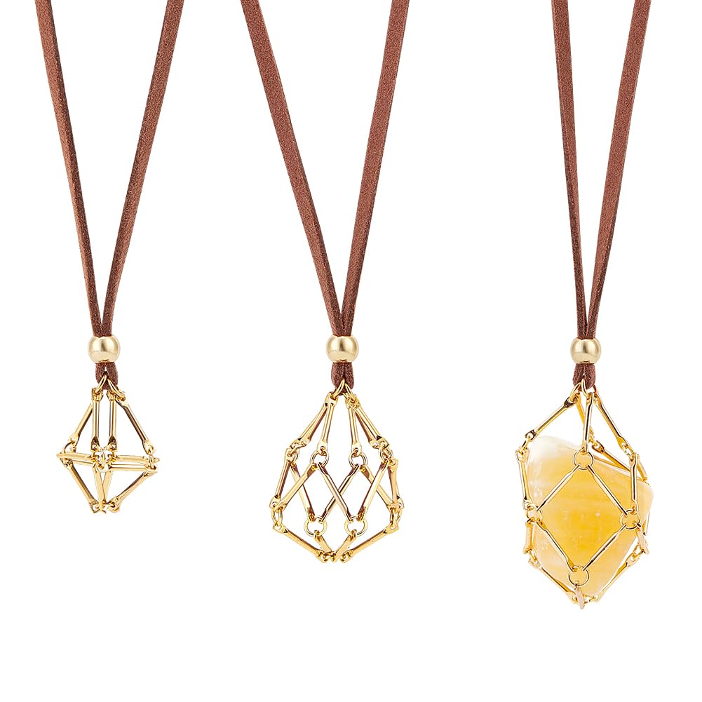 UNICRAFTALE 3Pcs 3 Sizes Adjustable Crystal Necklace Holder Empty Stone Holder Faux Cord Necklace with Golden Empty Crystal Cage Brass Macrame Pouch for Pendant Necklaces Making