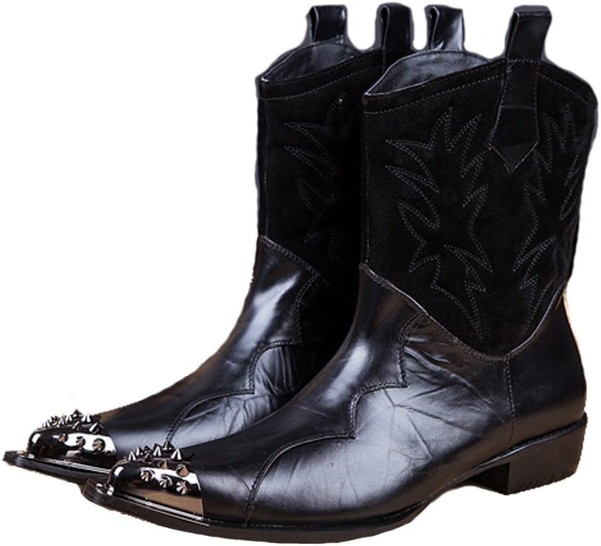 Cover Plus Size 5-12 Black Genuine Leather Slip On Cowboy Tall Boots Steel Pointed Toe Mens Dress Shoes