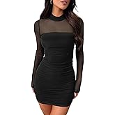 oten Womens Sexy Mock Neck Mesh Long Sleeve Short Ruched Slim Fit Bodycon Tight Party Cocktail Club Homecoming Mini Dress
