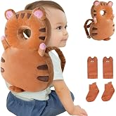 JumiLux Baby Head Protector Backpack (9 to 24 Months) - Cute Head Guard Pillow with Knee Pads and Socks, Baby Shower Gift, Baby Safety Set, Toddler Head Cushion Backpack, Baby Gift, Brown Tiger