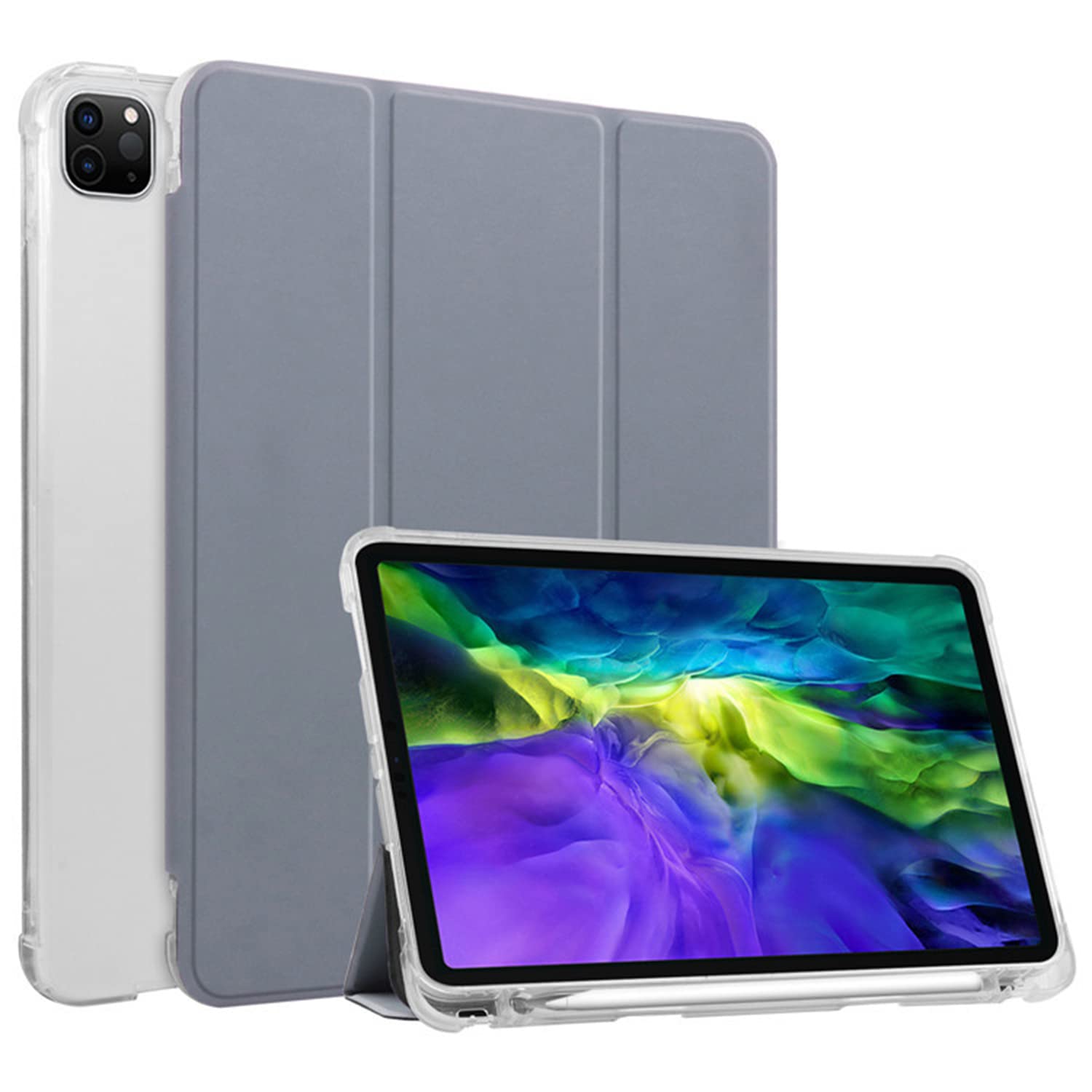 HUEZOE Case Compatible with iPad Pro 11 Inch, 2021/2020/2018 Model, Soft TPU Transparent Back Cover, Folding Stand, Protective Case with Pen Holder, Car Sleep/Wake, Lavender
