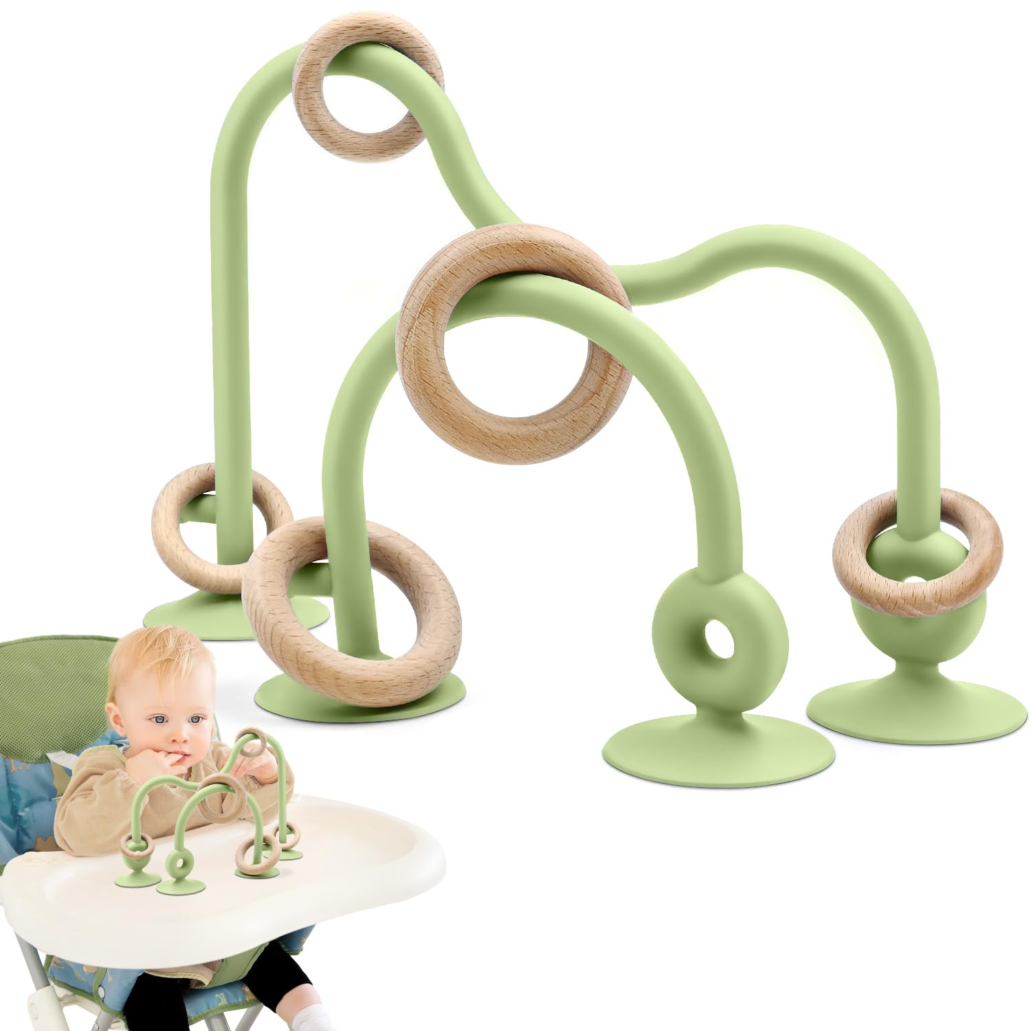 AiTuiTui Baby Toys, Multi Purpose High Chair Suction Toy for Toddler 6 8 9 12 Months, Sensory Toys with Wooden Ring Suitable for 1 2 Years Infant Gifts, Green