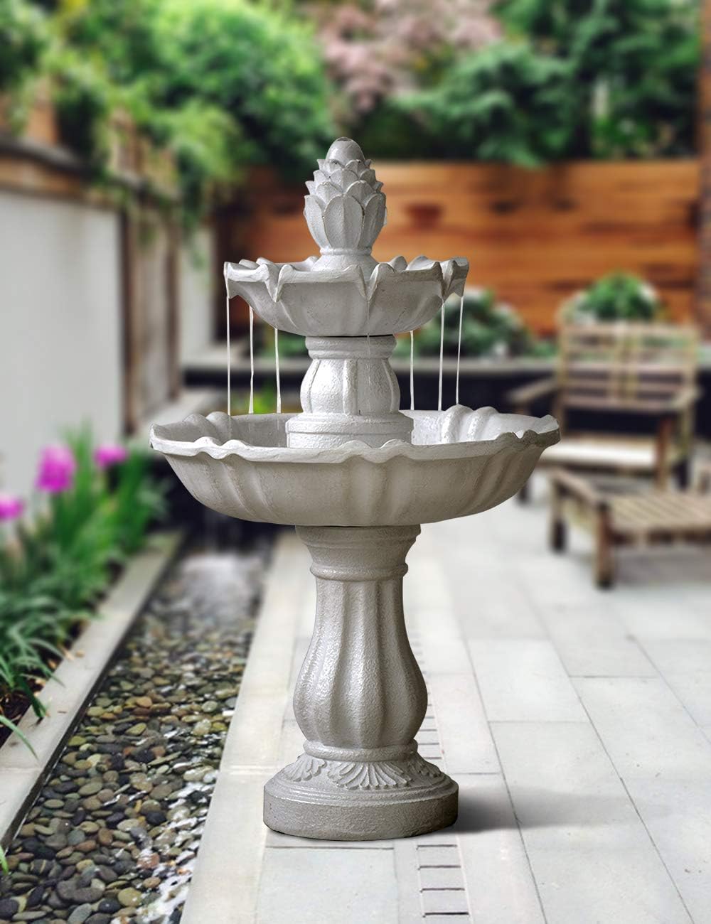 SEINHIJO 2 Tier Outdoor Water Fountain 22" High Floor Waterfall with Pineapple Top for Garden Backyard Patio Porch Decor: Kitchen & Dining