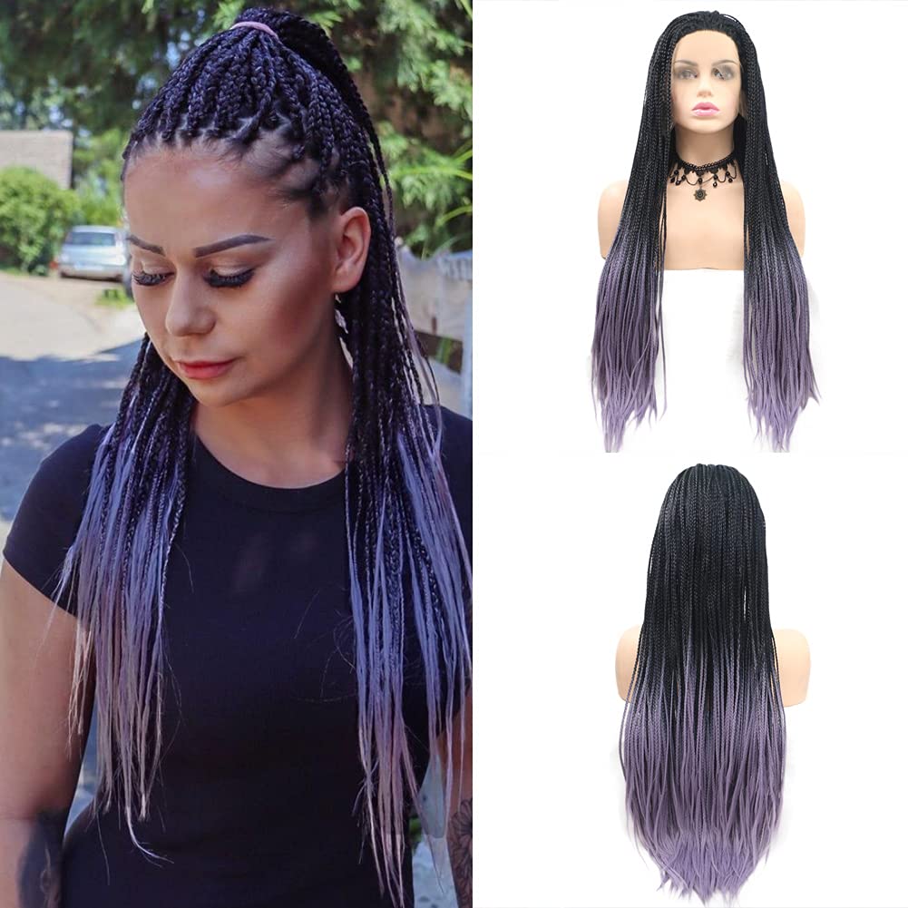 AFBeauty Black Purple Braids Wig Long Synthetic Black Omber Purple Micro Braided Lace Front Wig Heat Resistance Fiber Afro Braids for Women 26 Inch