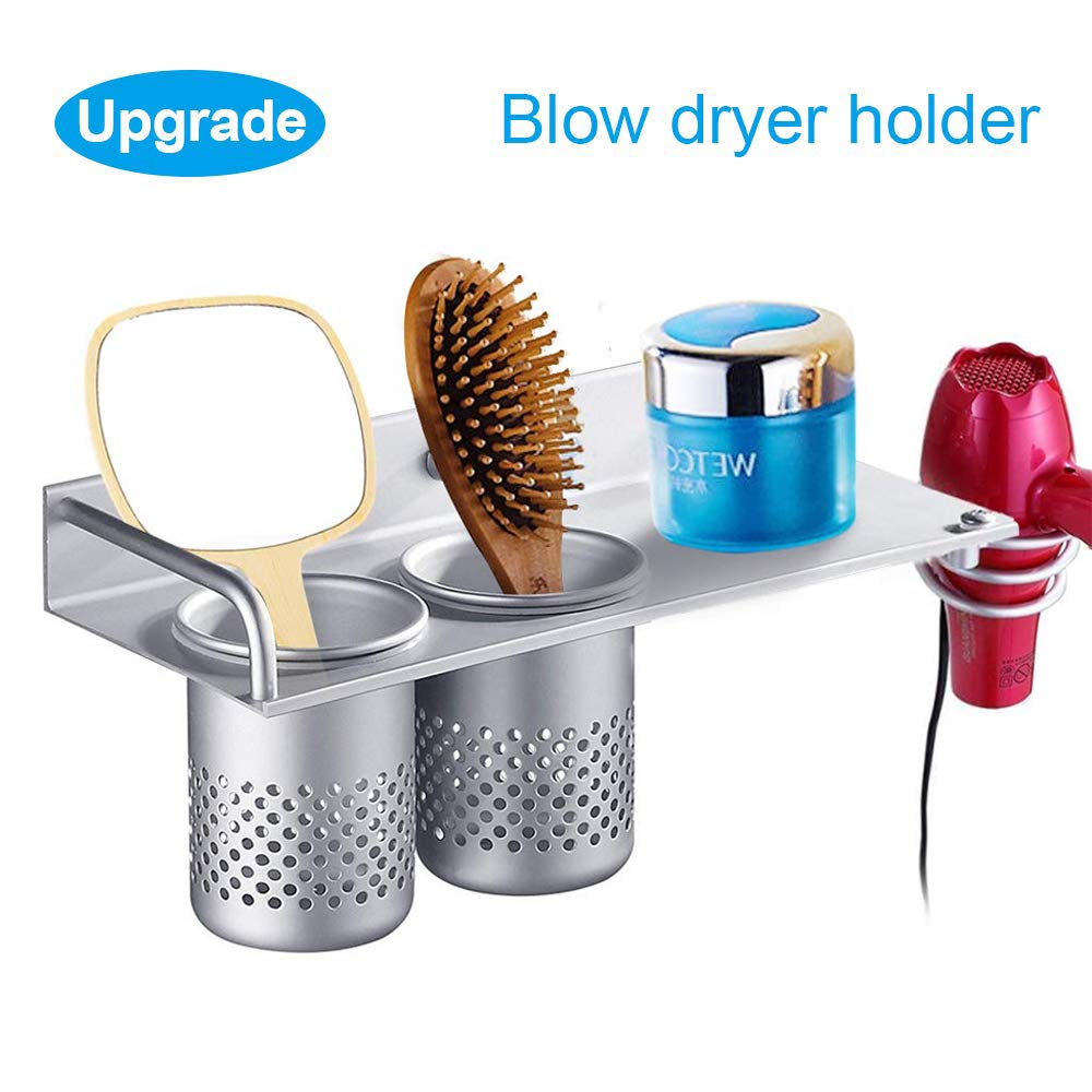 The Best Online Store Offer Hair Dryer Holder Wall Mount Toothbrush Hairdryer Holder Organizer Storage Handing Rack Upgrade Special Aluminum Bathroom Hanging Rack Organizer With 2 Cups Home Kitchen High Quality Merchandise