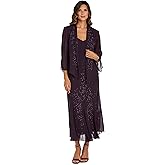 Elegant Beaded Pebble Georgette Mid-Calf Slip Dress W/Matching 3/4 Sleeve Jacket - Two-Piece Set for Formal Events