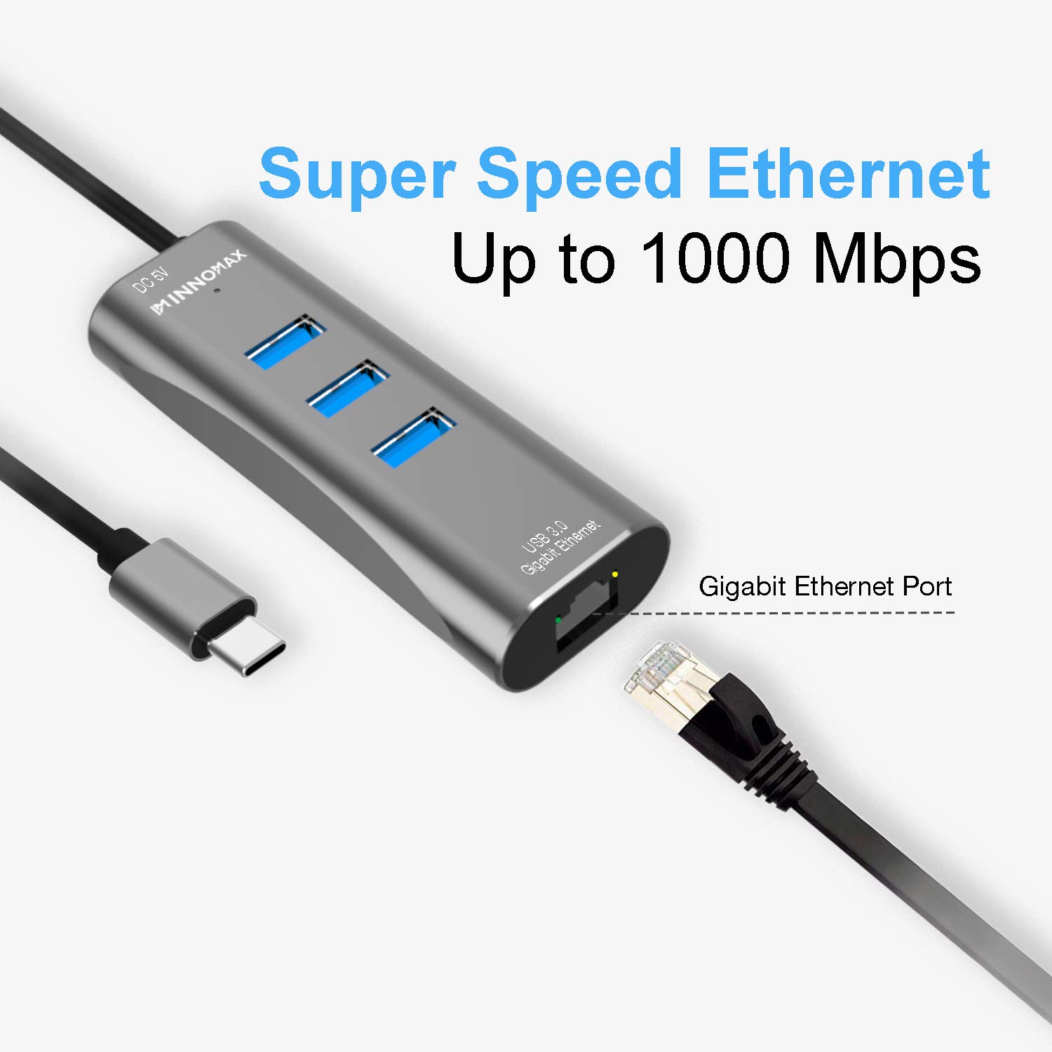 INNOMAX 3-Port USB 3.0 USB-C Hub for MacBook Pro 2018/2017/2016, USB-C to Ethernet Adapter, Thunderbolt 3 to RJ45 Gigabit Ethernet LAN Network Adapter for MacBook 12, Dell XPS,Surface,Pixelbook- Gray