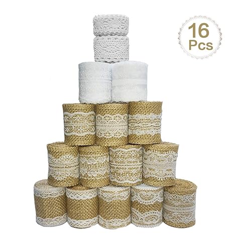 Sparta's Store 16 Juteband Spitzenband.enthalten,12 ×Hessische Sackleinen weiße Spitze Band Rolle, 2× Spitzenbordüre und 2 ×V