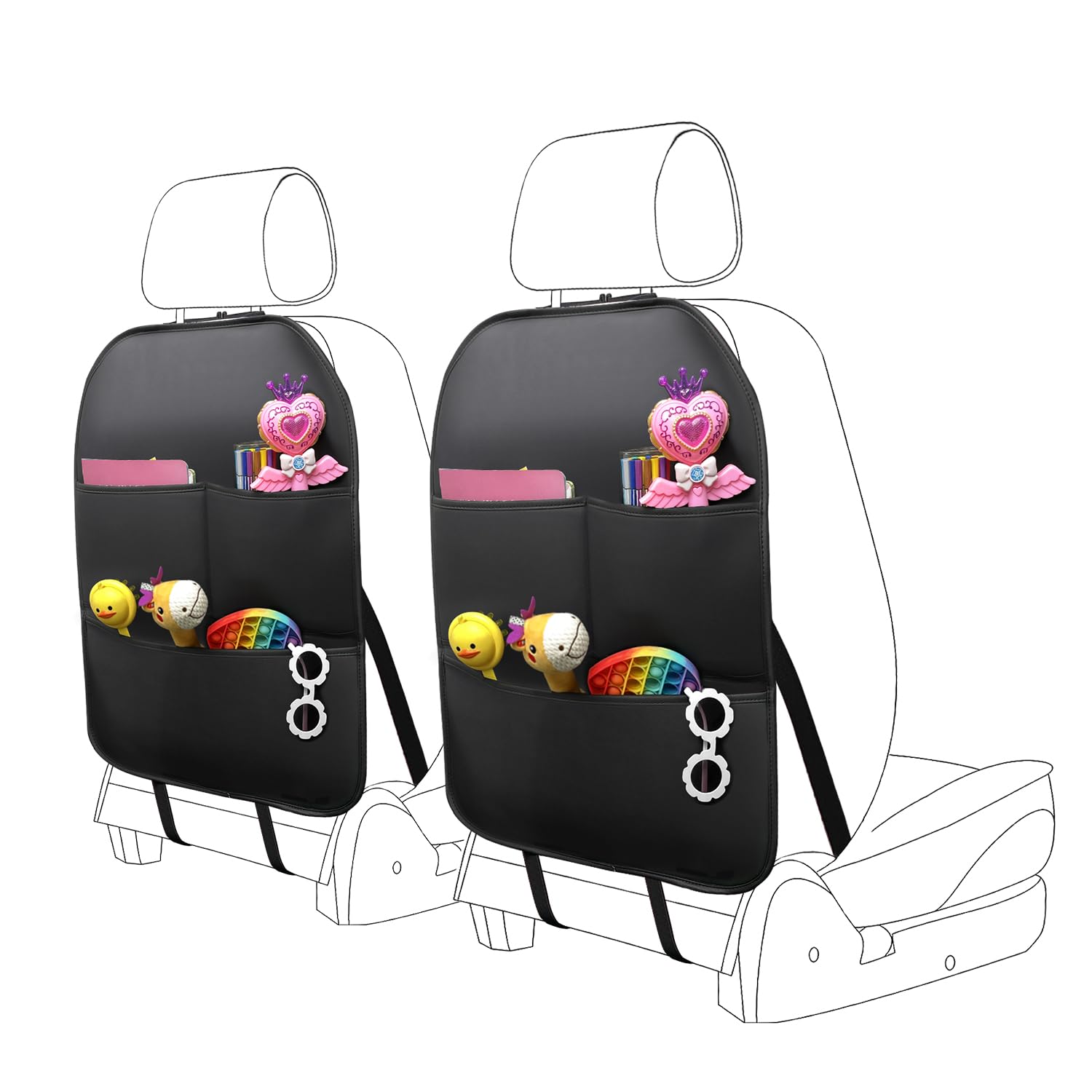 Photo 1 of 2 Pack PU Leather Kick Mat Back Seat Protector With 3 Storage Pockets, Universal Car Seat Back Organizer For Kids Pets, Waterproof Backseat Protector For Most Car (Black)