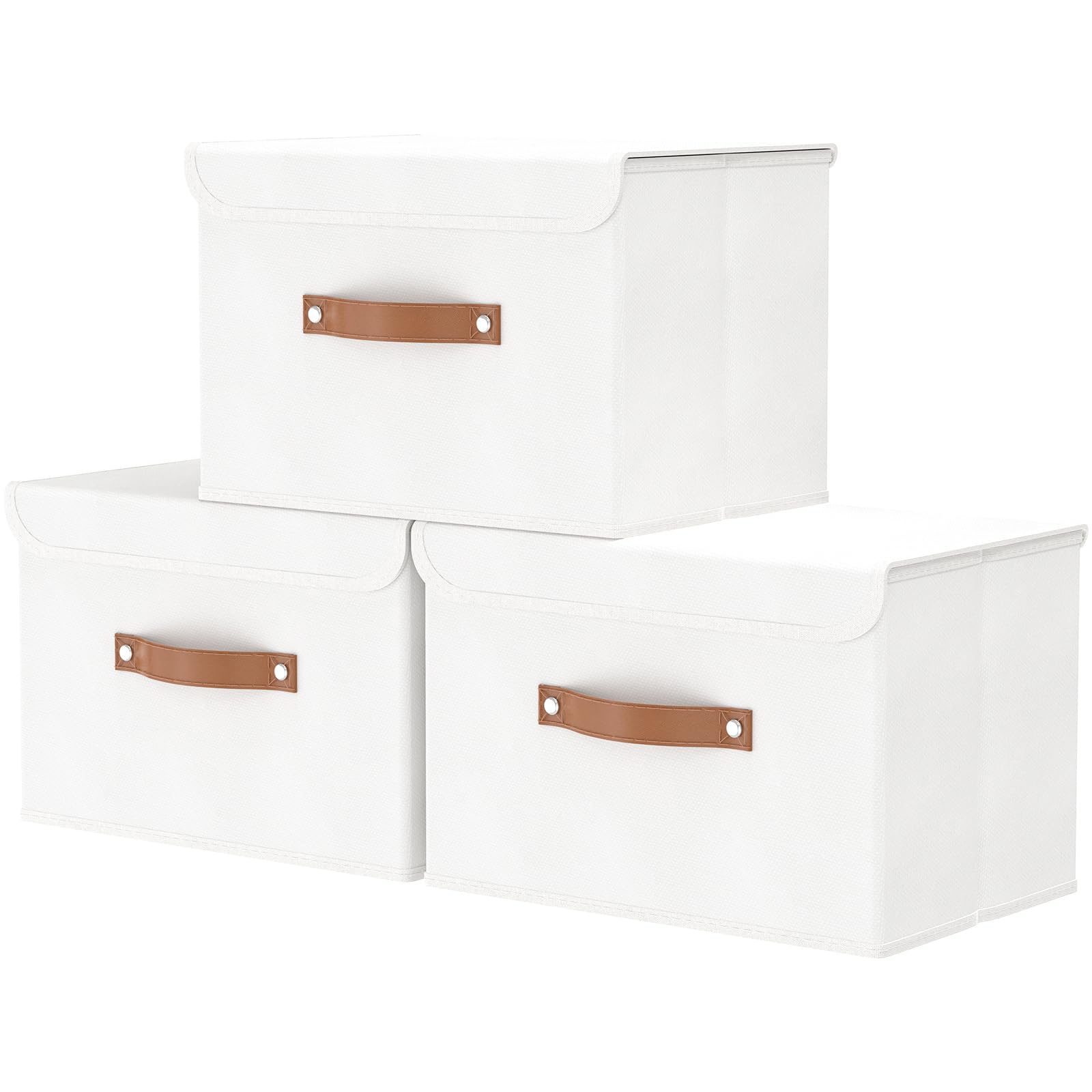 OUTBROS Collapsible Storage Box with Lid, Linen Fabric Clothing Shelf Basket Bins Box For Towels, Clothes 45x30x30 cm (White, 3-Pack)