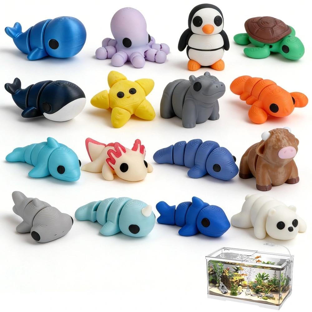 3D Printed Animals, 16 PCS 3D Printed Fidget Toy, Movable Joint Animal Figures Dolphin Whale & More, Animal Toys for Home Office Decoration Photographic Prop