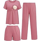 Ekouaer 3 Piece Postpartum Nursing Pajamas Set Short Sleeve Breastfeeding Shirts Pregnancy Shorts & Pants Maternity Pjs