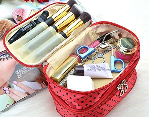 GuGio Travel Makeup Bag Cosmetic Organizer Case for Women, Double Layer Dot Toiletry Train Brush Bags for Girls Ladies