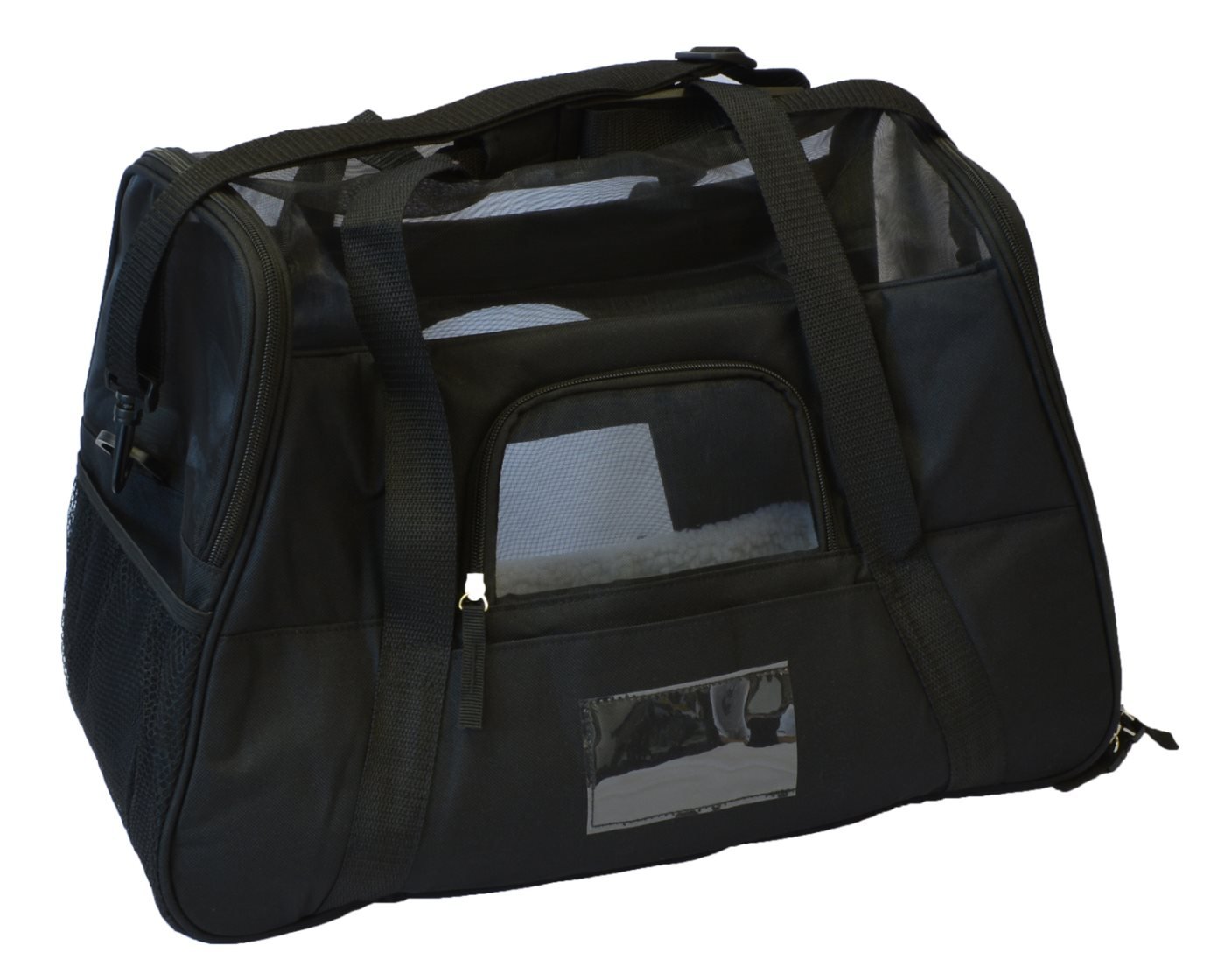 KritterWorld Soft Side Pet Carrier Travel Bag for Small Dogs and Cats Airline Approved | Removable Sherpa Lining Bed, Safety Buckle Zippers, Seat Belt Buckle Included by Black