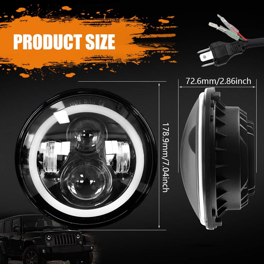 CO LIGHT 7 Inch LED Headlight with Amber Halo Turn Signal White DRL High/Low Beam Angle Eyes Compatible with Wrangler JK LJ CJ TJ (H4 H13 Adapter Included) - Image 3