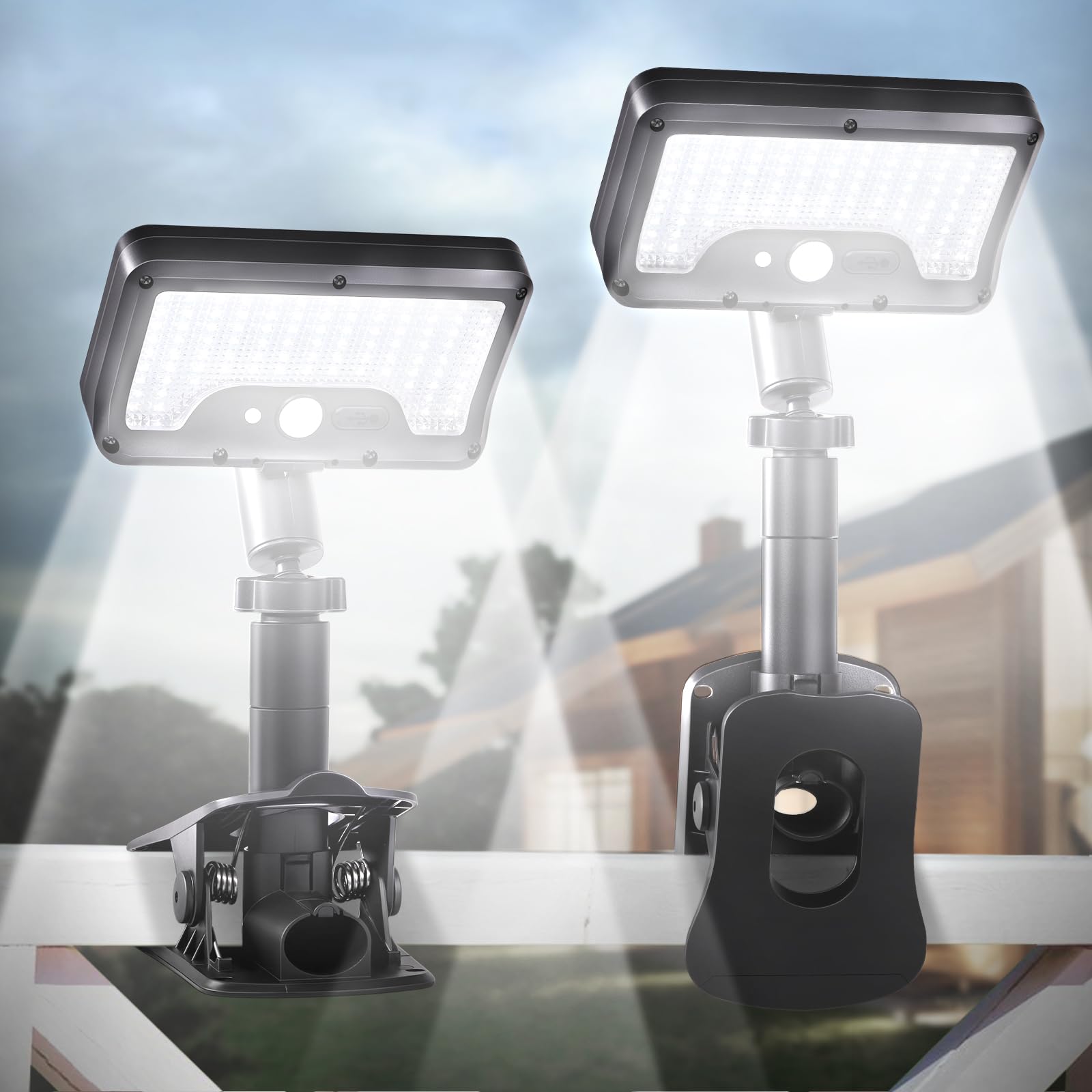 Photo 1 of Clip On Solar Lights Outdoor with Motion Sensor, 360°Rotatable & Vertically Adjustable Solar Fence Lights with 92 LEDs (600 LM, 6000 K),IP65 waterproof Security light for deck, Gutter, Camping(2 Pack)
