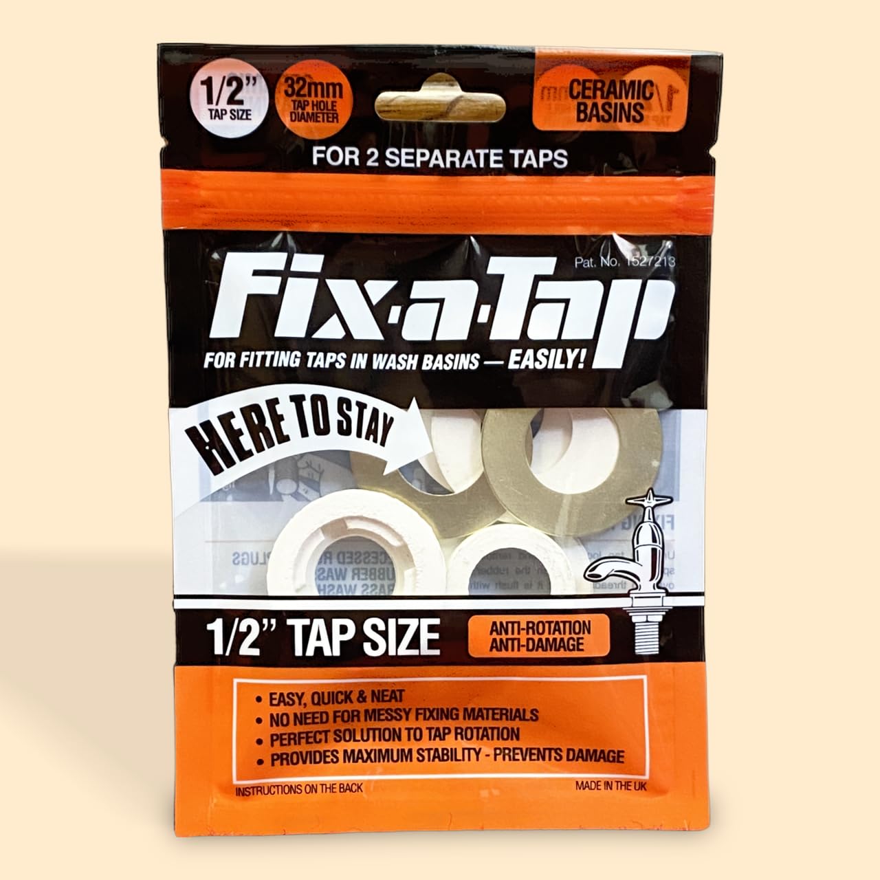 Essex Orange Fix-a-Tap Tap Fitting Kit for 1/2" Taps - for Ceramic Wash Hand Basin. Fits Two Separate Taps