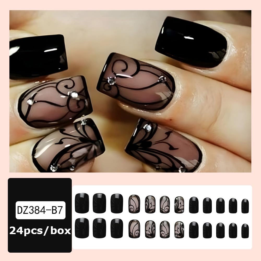 OHWODA Black Press on Nails Short Square Fake Nails Black Vine Acrylic Glue on Nails Full Cover Glossy Nails Press ons Short Stick on Nails Summer Artificial Nails for Women Girls - 24Pcs - Image 6