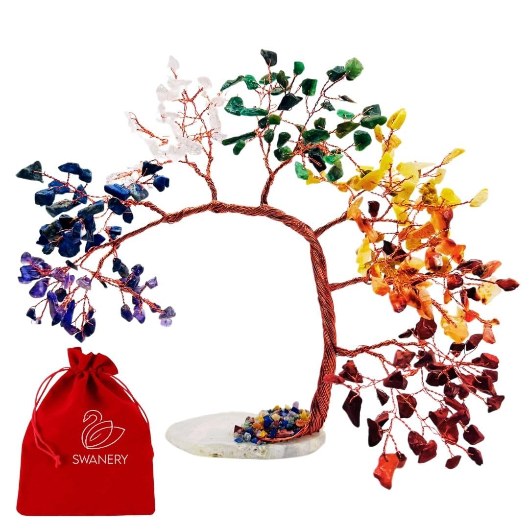 Swanery Seven Chakra Healing Crystal Tree of Life and Bracelet Unique Gift for Women and Mom, Handmade Crystal Tree for Good Luck, Positive Energy, Money, Reiki Healing, Home and Office Décor