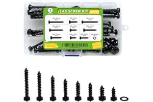 ECKJ Hex Lag Bolts 112PCS M6 Hex Head Lag Screws Washers Assortment Kit Fully Thread Heavy Duty Hexagon Wood Screw Zinc Plated Black Metric Length Include 16/20/25/30/35/40/45/50/60mm