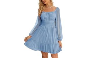 Wenrine Women's Mesh Long Sleeve Square Neck Dress High Waist A Line Ruffle Hem Flowy Casual Party Mini Dress