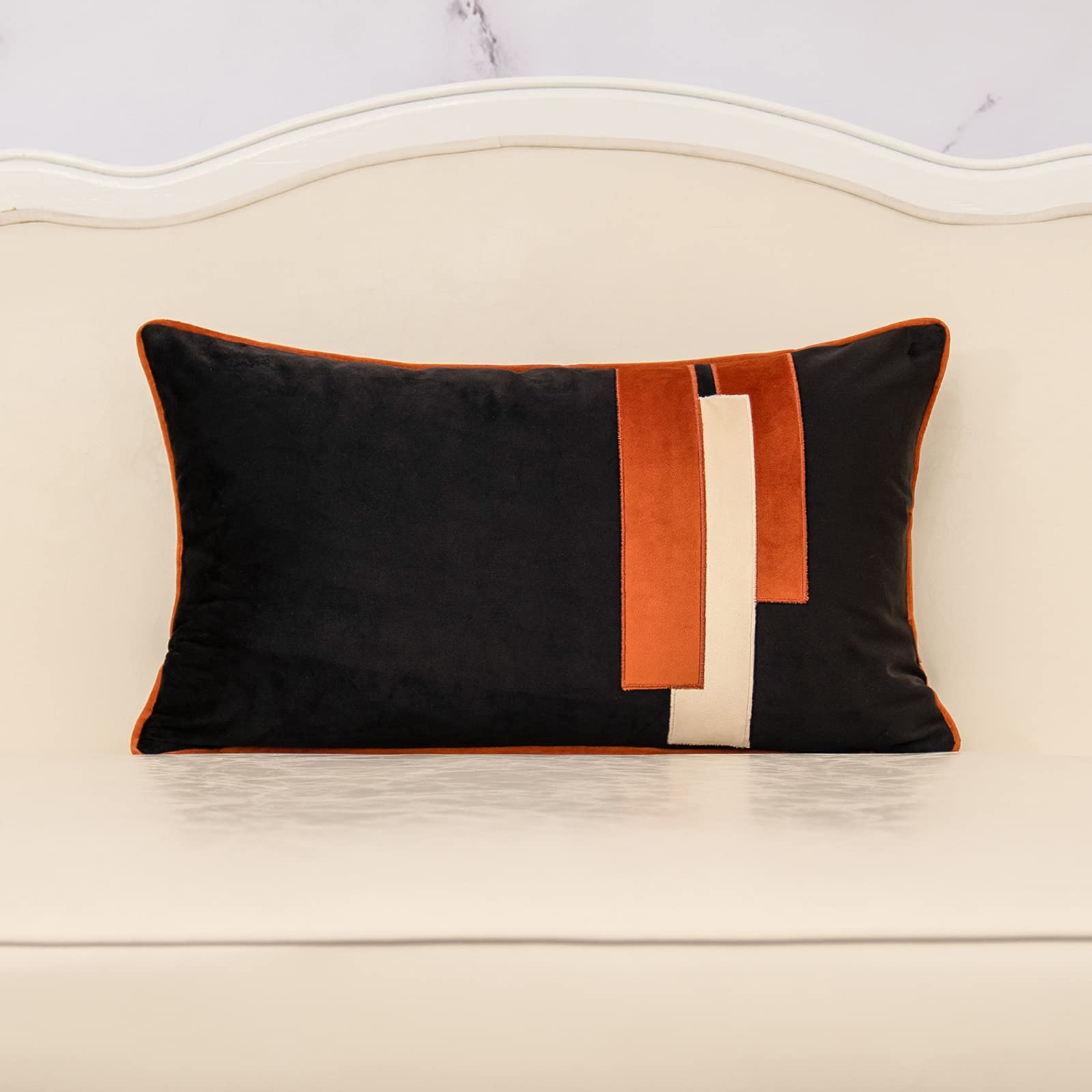 Photo 1 of Yangest Black Decorative Velvet Lumbar Throw Pillow Cover Striped Patchwork Cushion Case Modern 12x20 Inch Pillowcase for Sofa Couch Bedroom Living Room Home Decor