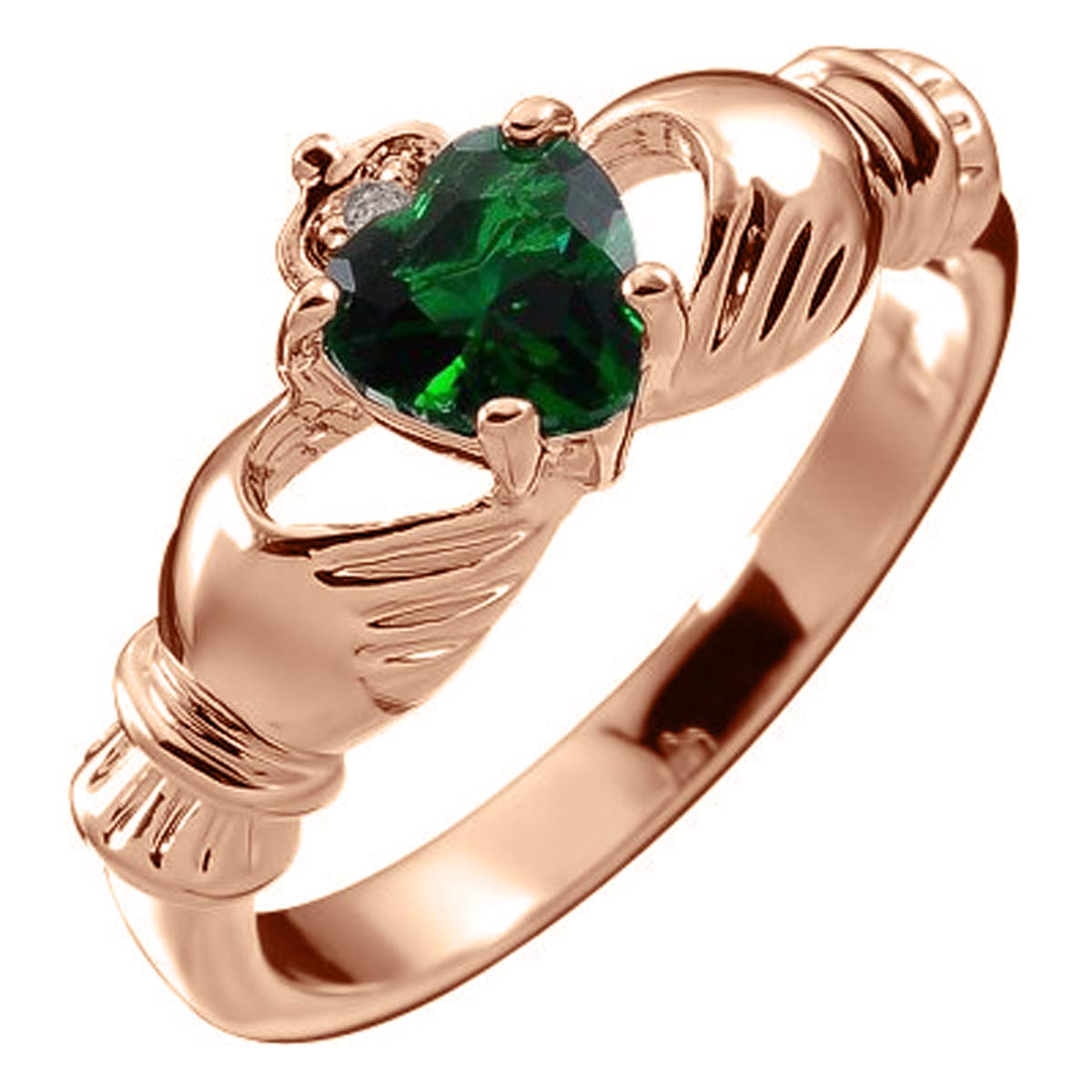 GWG Jewellery 18K Rose Gold Coated Claddagh Love Ring with Emerald Green Heart Stone, Hands, and Crown – 8 in Gift Box for Women