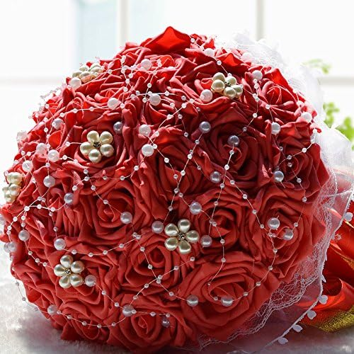 Hestian 11" Red Rose with Flower Style Rhinestone,pearls Chains Stain Ribbon Handle Bridal Wedding Bouquet Silk Rose Hand Tie (30pcs Roses)