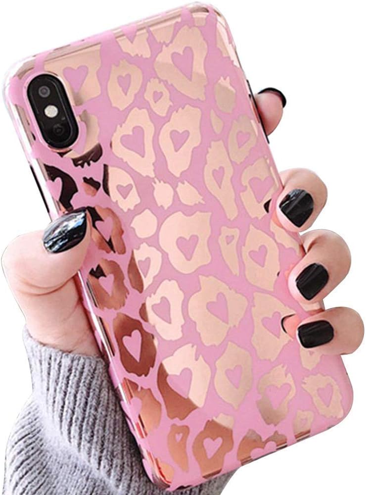 iPhone Xs/X Case for Girls Women,YTanazing Cute Glitter Sparkle Bling Gold Foil with Leopard Print Design Slim Fit Soft Flexible Shockproof Protective Case Cover for iPhone Xs (Leopard Pink)