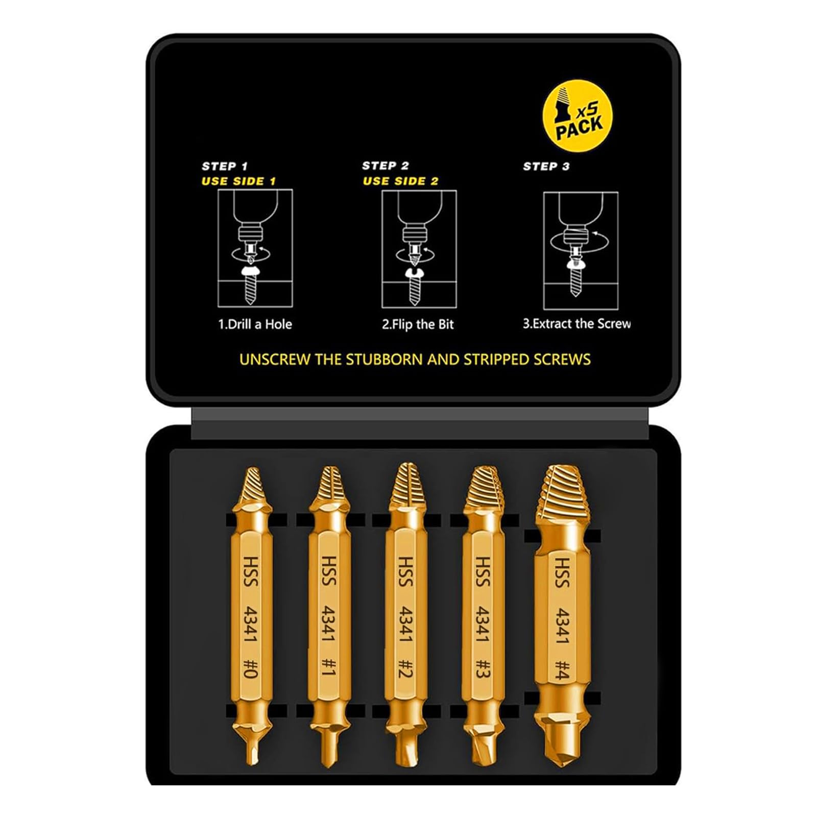 Photo 1 of Newte Screw Extractor Set, 5-Piece HSS 4341 Kit for Stripped Screws, 2-14 mm Range, Double-Ended Design with Storage Case, Gold