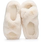 Tunmigame Women's Fuzzy Slippers Cross Band Memory Foam House Slippers Open Toe